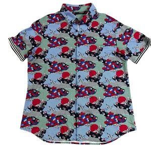 Murano Liquid Luxury Men's Blue & Red, Crane Slim Fit Short Sleeve Shirt Size XL